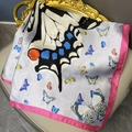 Satin butterfly print square scarf with pink borders on a golden vintage chair - Light Gray