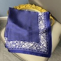 Navy silk-like floral square scarf with white rose patterns and geometric center - 70cmx70cm / Navy Blue