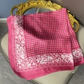 Elegant rose red square silk-like scarf with white floral and geometric prints - 70cmx70cm / Pink