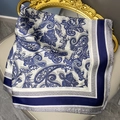 Elegant satin square silk scarf with blue paisley print on vintage white background - 1# Recommended (Dark Blue Paisley)