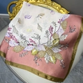Ocean theme 70x70cm satin square scarf with seashell print and pink borders - 70*70cm / 2# Khaki (Beige/Pink Border/Coral)