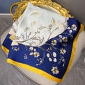 Elegant 70x70cm satin square scarf with floral shell patterns and silky glossy finish - 70*70cm / 3# Green (Cream/Dark Blue/Plant Shell)