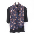 Navy floral georgette scarf with red blossoms worn over a black top on a white wall - 160*50CM / Navy Blue Floral