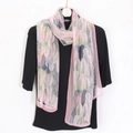 Floral chiffon scarf with pink and purple leaf patterns on a black ribbed shirt - Georgette / Pink