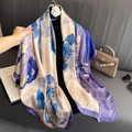 Satin floral beach shawl for women featuring blue and purple patterns on a creamy base - Royal Blue Dreamy Flower