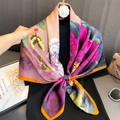 Floral satin square scarf with butterfly print and orange borders for beach sun protection - 110*110CM / Gold Dahlia