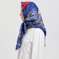 Blue nautical print satin square scarf worn as a vintage headscarf for women - CC-Navy Blue