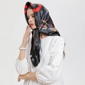 Elegant black silk square scarf with geometric blue and gold prints worn as a stylish headscarf - CC-Black