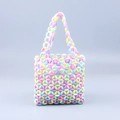 Handmade woven tote bag with colorful macaron acrylic beads and floral geometric texture - Multi-color