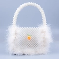 Detail of pearl beaded handbag with white feathers and orange fruit charm accent - White