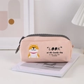 Detailed view of pink canvas pencil case with a cute dog print and large grey zipper - Shiba Inu (Beige)