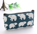 Cute dark blue canvas pencil case with white polar bear print and brown zipper - Polar Bear