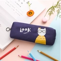 Minimalistische paarse canvas etui met cartoon kattenprint en ringrits sluiting - Hemelsblauw