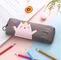 Schattig grijs stoffen etui met een roze kattenprint en een gele kroon voor school - Grijs