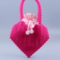 Pink heart-shaped handmade beaded handbag with satin drawstring lining and pearls - Rose Red