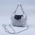 Handmade beaded handbag with silver round beads and black contrast flap and chain straps - 11cm*5.2cm*8.5cm / Silver