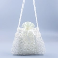 Elegant handmade pearl crossbody bag with woven square pattern and satin drawstring liner - White
