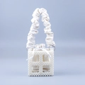 Detail of handmade pearl beaded square handbag with silk drawstring inner and ruched handle - 13.3x13.3x7.7cm / White