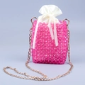 Handmade pink beaded shoulder bag with white satin liner and gold metal chain strap - Pink