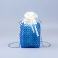 Handmade sky blue beaded crossbody bag with white satin pouch and silver chain strap - Blue
