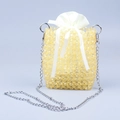 Handmade yellow beaded shoulder bag with white satin pouch and silver metal chain - Yellow