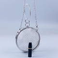 Rundes Metall-Mesh-Abendtasche mit Ringgriff und Kettenriemen für Damenmode - Silber