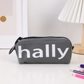 Minimalist grey canvas pencil case with large white hally letter and metal zipper pull - Dark Gray