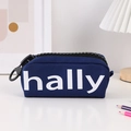 Detail of navy blue canvas pencil case with large black zipper and hally lettering - Navy Blue
