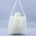 Minimalist white pearl woven handbag with satin drawstring inner bag for women - White