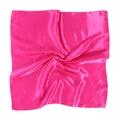 Detail of rose pink satin square scarf featuring glossy finish and fine hem stitching - Rose Red
