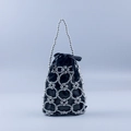 Handmade silver beaded bucket bag with black satin drawstring lining and ribbon bow - Silver