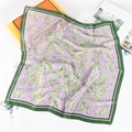 Elegant floral print square silk scarf with purple and green contrast border on white background - 70x70cm / Purple and Grass Green Floral Contrast (70-131)