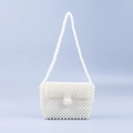 Handmade white acrylic beaded shoulder bag with minimalist rectangular design - White