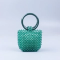 Summer green acrylic beaded handbag with round marble patterned handles and woven texture - Green