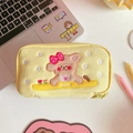 Close-up of plush puppy pencil case with cute bear embroidery and tulip details - Yellow Bow Dog Pencil Case