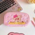 Close-up of pink plush pencil case featuring cute cartoon bear embroidery on fabric - Pink Bow Dog Pencil Case