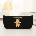 Close-up of black canvas pencil case featuring embroidered pink bear and happy text - Black