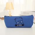 Detail of blue canvas pencil case with embroidered puppy and sturdy metal zipper - Dark Blue