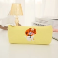 Close-up of cute embroidered tiger on yellow canvas pencil case with a smooth zipper - Yellow