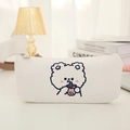 Close-up of the cute bear embroidery on the white canvas pencil case with zipper - White