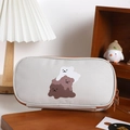 Close-up of light grey canvas pencil case featuring three cute cartoon bears with brown zipper - Puffy Bear Style / Light Gray