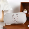 Close-up of beige canvas pencil case featuring a cute bear and Nice Day print on a desk - Bear Head Style / Off White