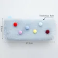 Light blue faux fur pencil case with macaron pom-poms and metal zipper, 21.5cm long - Light Gray