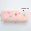 Pink plush macaron pencil case with colorful pom-poms, size 21.5x8.5x4cm - Pink