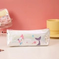 Holographic mermaid pencil case with pearl accents and pink zipper close-up view - White