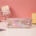 Pink iridescent mermaid pencil case with pearl trim and zipper closure for school - Pink