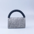 Handmade beaded handbag featuring silver metallic beads and black glossy handles - Black Handle Spliced Silver Beaded Style