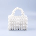 Elegant square handmade woven faux pearl handbag with rounded white beads and arched handle - White
