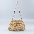 Detailed view of handmade gold beaded woven dumpling bag with metallic texture and chain - Gold