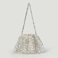 Detail of silver metallic sequin mesh bag with creamy white satin fabric liner and strap - Beige